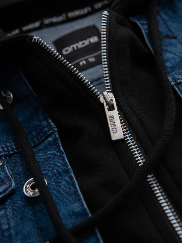 Ombre Clothing Мъжко дънково яке с плетени ръкави и качулка - синьо и черно V2 OM-JADJ-0220 Ombre Clothing