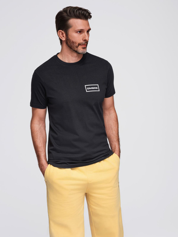 Ombre Clothing Мъжка плетена тениска с принт и REGULAR кройка - черна V2 OM-TSPT-0231 Ombre Clothing