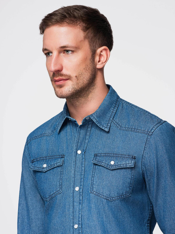 Ombre Clothing Мъжка дънкова риза на копчета с джобове - синьо V2 OM-SHDS-0210 Ombre Clothing