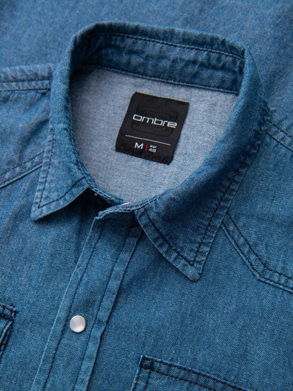 Ombre Clothing Мъжка дънкова риза на копчета с джобове - синьо V2 OM-SHDS-0210 Ombre Clothing