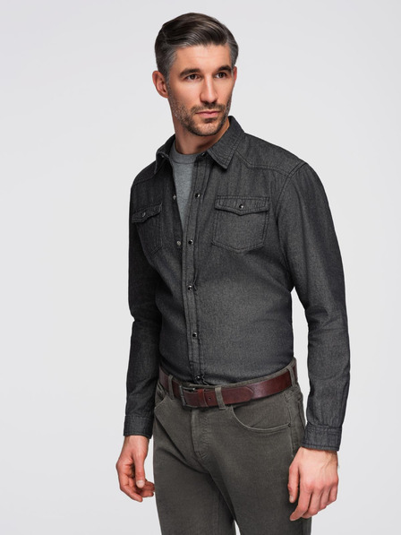 Ombre Clothing Мъжка дънкова риза на копчета с джобове - черно V3 OM-SHDS-0210 Ombre Clothing