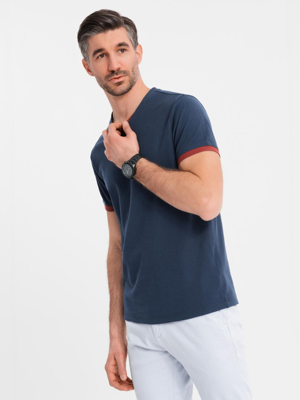 Ombre Clothing Мъжка тениска с контрастни вложки и деколте - тъмно синьо V1 OM-TSCT-0198 Ombre Clothing
