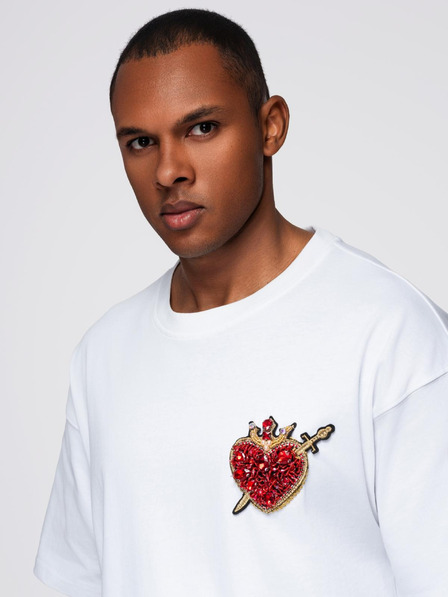 Ombre Clothing Мъжка памучна тениска с приложение на бижута на гърдите - кремаво бяла V2 OM-TSCT-0290 Ombre Clothing