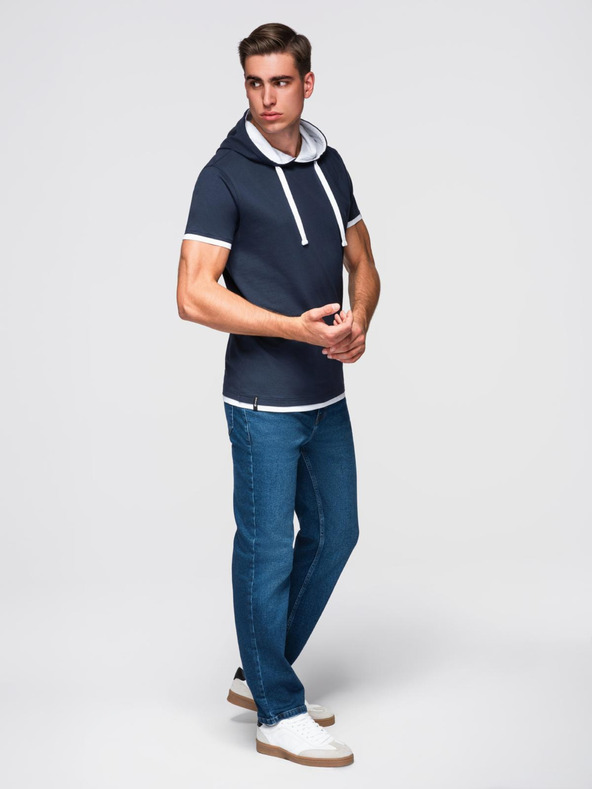 Ombre Clothing Мъжка памучна тениска с качулка - тъмно синя V4 OM-TSCT-0256 Ombre Clothing