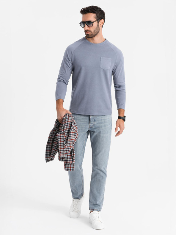 Ombre Clothing Мъжки памучни дълги ръкави с вафлено плетене и джобове - дънкова синя V8 OM-LSCL-0109 Ombre Clothing