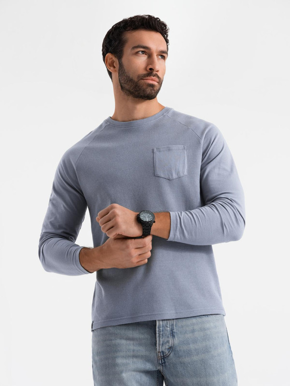 Ombre Clothing Мъжки памучни дълги ръкави с вафлено плетене и джобове - дънкова синя V8 OM-LSCL-0109 Ombre Clothing