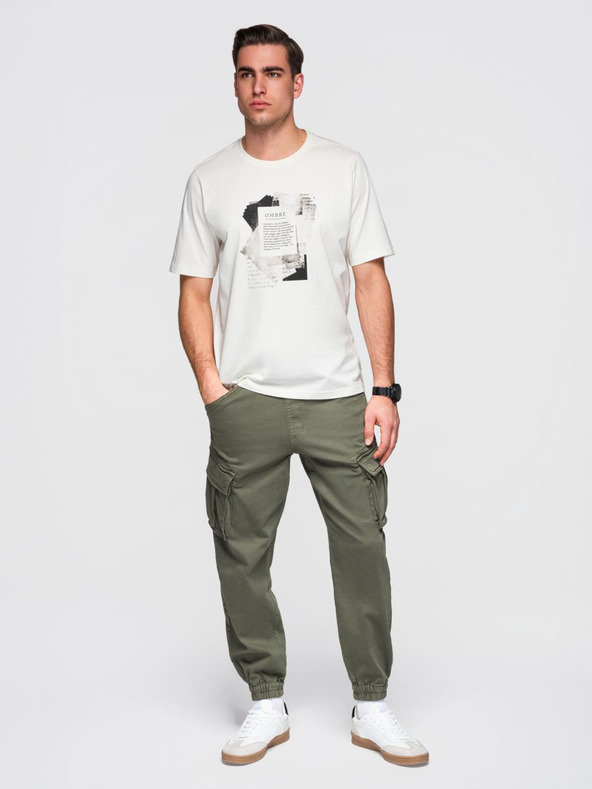 Ombre Clothing Мъжка памучна тениска с интересен принт на гърдите - бяла V2 OM-TSPT-0261 Ombre Clothing