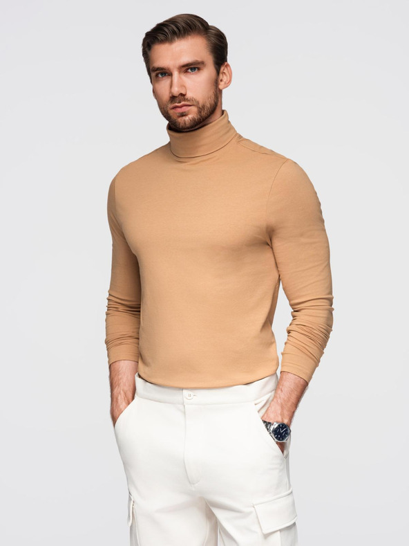 Ombre Clothing Мъжка поло от рипс с дълъг ръкав - светло кафява V5 OM-LSCL-0130 Ombre Clothing