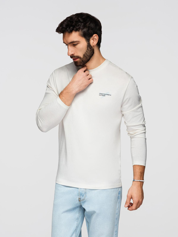 Ombre Clothing Мъжка памучна тениска с дълъг ръкав и кръгло деколте - бяла V3 OM-LSPT-0136 Ombre Clothing