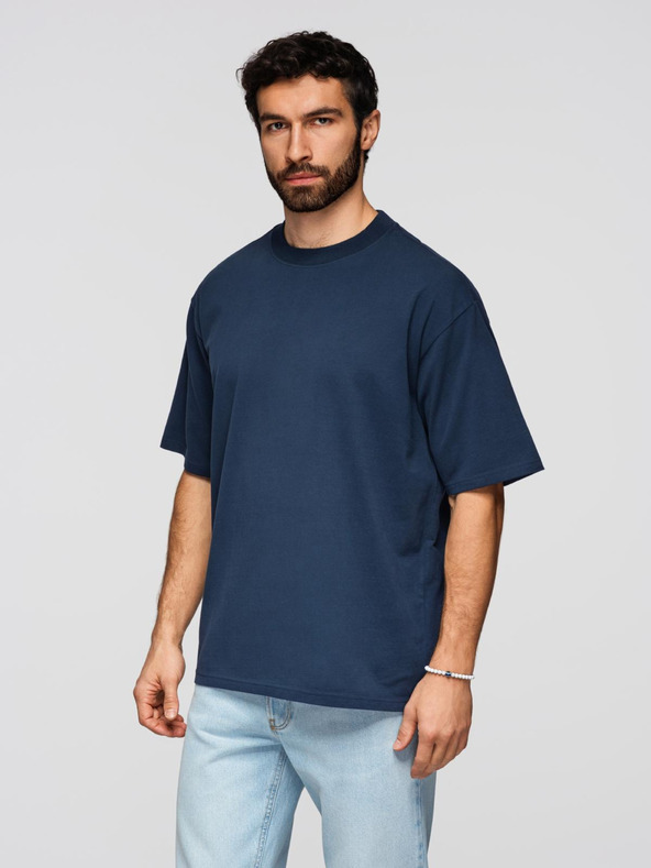Ombre Clothing Мъжка памучна тениска LOOSE FIT с кръгло деколте - тъмно синя V9 OM-TSBC-0267 Ombre Clothing