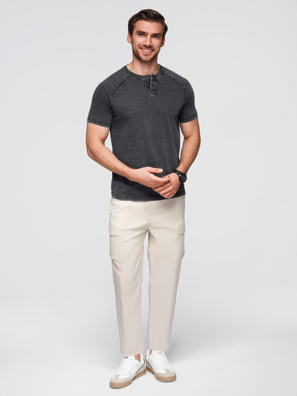 Ombre Clothing Мъжка тениска с ефект на изпиране и бутонки при деколтето - черна V1 OM-TSWT-0150 Ombre Clothing