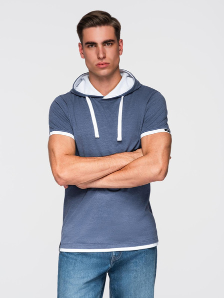 Ombre Clothing Мъжка памучна тениска с качулка - тъмно синя меланж V12 OM-TSCT-0256 Ombre Clothing