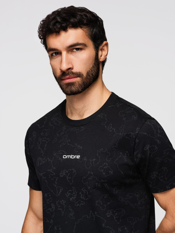 Ombre Clothing Мъжка памучна тениска с цял принт и надпис "ombre" на гръдта - черна V1 OM-TSFP-0263 Ombre Clothing