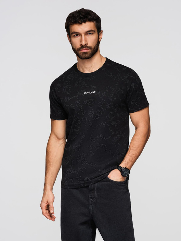 Ombre Clothing Мъжка памучна тениска с цял принт и надпис "ombre" на гръдта - черна V1 OM-TSFP-0263 Ombre Clothing