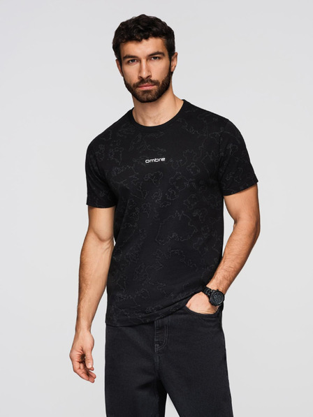 Ombre Clothing Мъжка памучна тениска с цял принт и надпис "ombre" на гръдта - черна V1 OM-TSFP-0263 Ombre Clothing