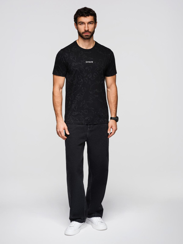 Ombre Clothing Мъжка памучна тениска с цял принт и надпис "ombre" на гръдта - черна V1 OM-TSFP-0263 Ombre Clothing