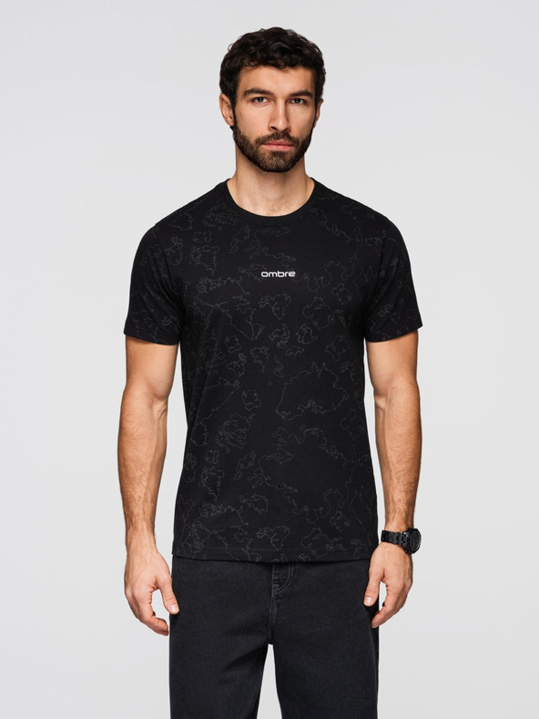 Ombre Clothing Мъжка памучна тениска с цял принт и надпис "ombre" на гръдта - черна V1 OM-TSFP-0263 Ombre Clothing
