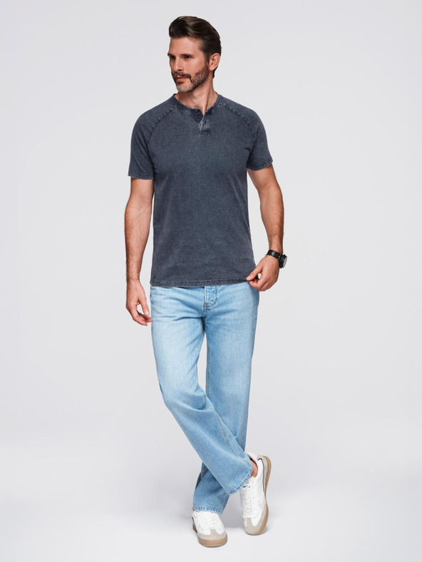 Ombre Clothing Мъжка тениска с ефект на пране и бутони при деколтето - тъмно синя V2 OM-TSWT-0150 Ombre Clothing