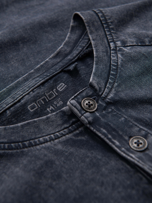 Ombre Clothing Мъжка тениска с ефект на пране и бутони при деколтето - тъмно синя V2 OM-TSWT-0150 Ombre Clothing