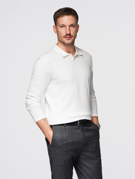 Ombre Clothing Мъжки поло пуловер с бродерия на гърди - бял V2 OM-POLS-0140 Ombre Clothing