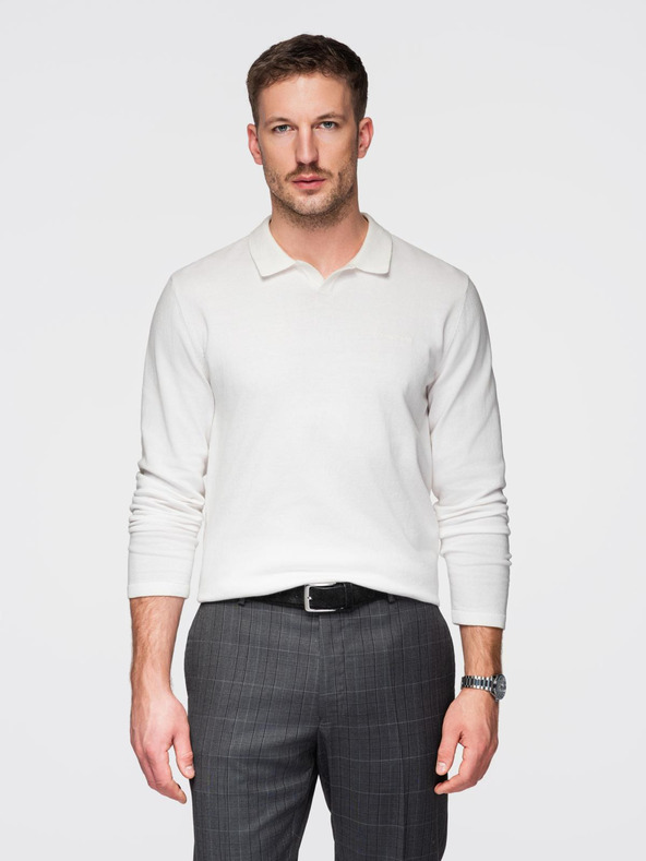 Ombre Clothing Мъжки поло пуловер с бродерия на гърди - бял V2 OM-POLS-0140 Ombre Clothing