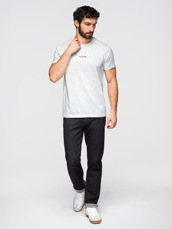 Ombre Clothing Мъжка памучна тениска с целиком печат и надпис "ombre" на гърди - бяла V2 OM-TSFP-0263 Ombre Clothing