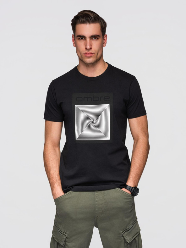 Ombre Clothing Мъжка памучна тениска с геометричен печат - черна V1 OM-TSPT-0260 Ombre Clothing