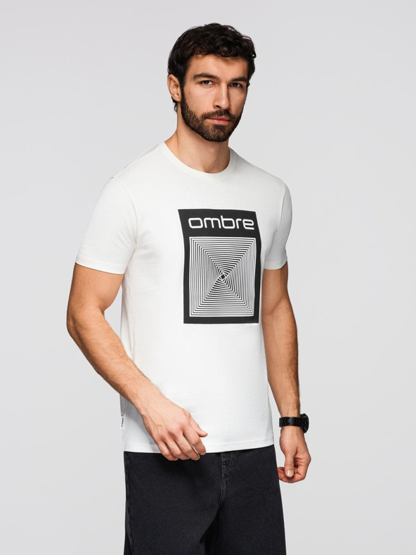 Ombre Clothing Мъжка памучна тениска с геометричен печат - бяла V2 OM-TSPT-0260 Ombre Clothing