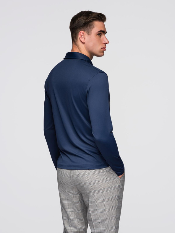 Ombre Clothing Поло риза с дълъг ръкав и елегантни маркови бутони - тъмно синя V3 OM-POLS-0139 Ombre Clothing