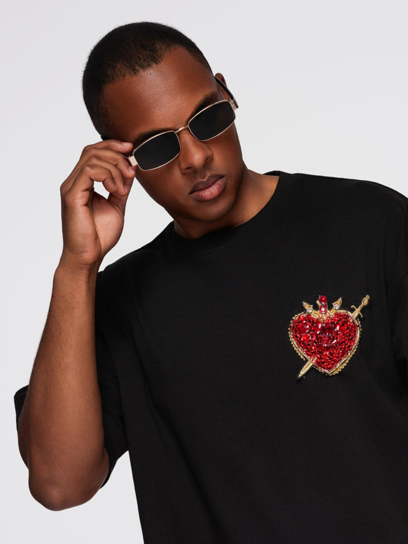 Ombre Clothing Мъжка памучна тениска с приложение от бижута на гърди - черна V1 OM-TSCT-0290 Ombre Clothing