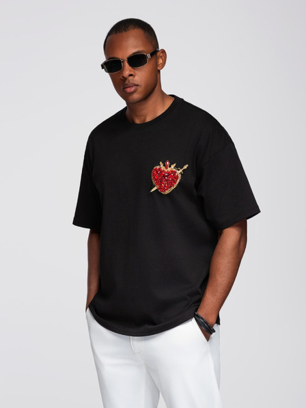 Ombre Clothing Мъжка памучна тениска с приложение от бижута на гърди - черна V1 OM-TSCT-0290 Ombre Clothing