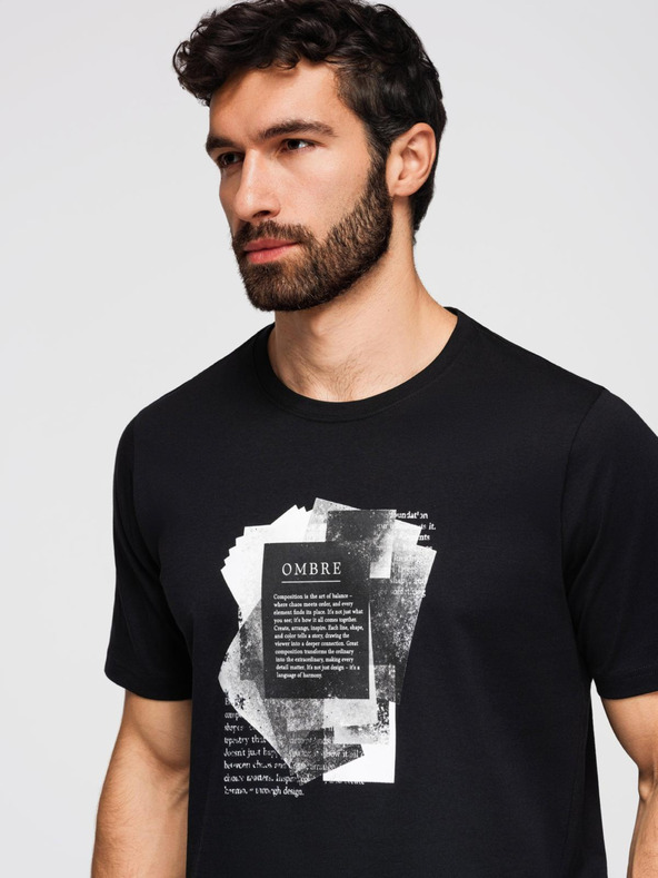 Ombre Clothing Мъжка памучна тениска с интересен печат на гърди - черна V1 OM-TSPT-0261 Ombre Clothing