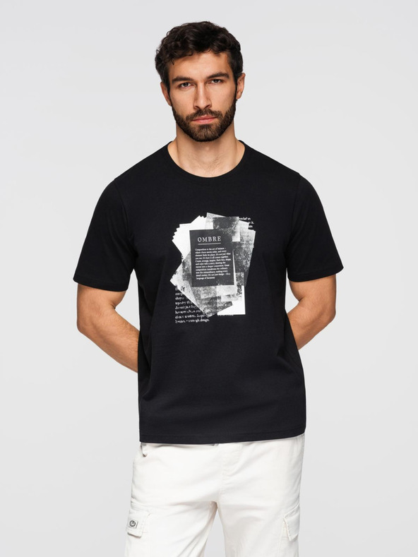 Ombre Clothing Мъжка памучна тениска с интересен печат на гърди - черна V1 OM-TSPT-0261 Ombre Clothing