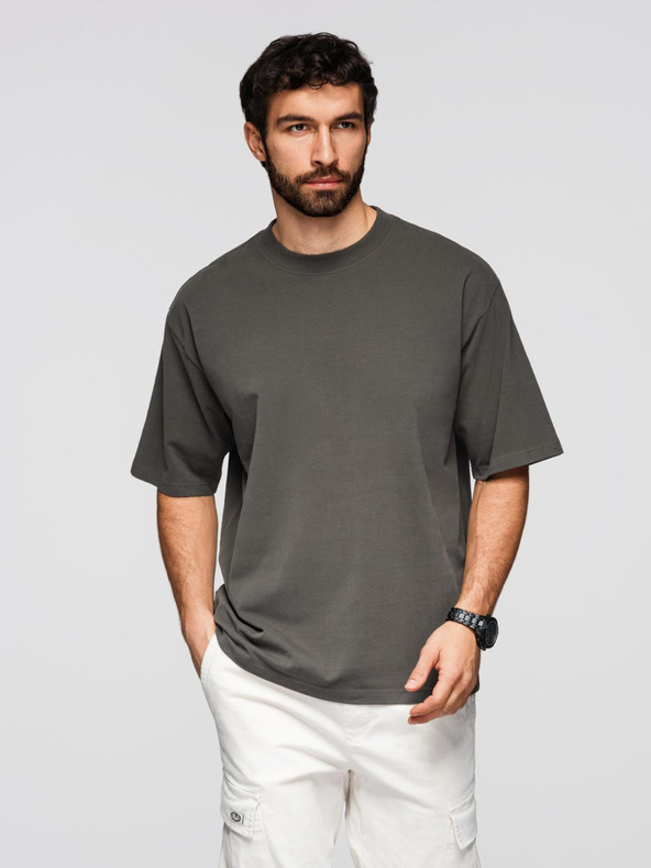 Ombre Clothing Мъжка памучна тениска LOOSE FIT с кръгло деколте - сиво-зелена V3 OM-TSBC-0267 Ombre Clothing