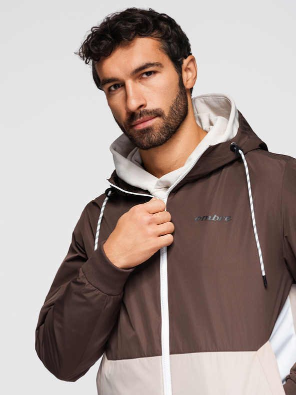 Ombre Clothing Мъжко лека яке regular fit с подплата и качулка - кафяво-бежово V1 OM-JANP-0242 Ombre Clothing