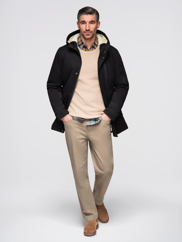 Ombre Clothing Мъжко дълго яке парка с овче кожа - черно V4 OM-JAPJ-0316 Ombre Clothing