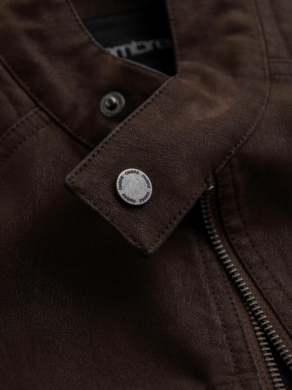 Ombre Clothing Мъжко стилно яке от еко кожа със стойче - тъмнокафяво V1 C637 Ombre Clothing