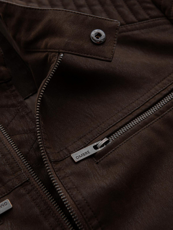 Ombre Clothing Мъжко стилно яке от еко кожа със стойче - тъмнокафяво V1 C637 Ombre Clothing
