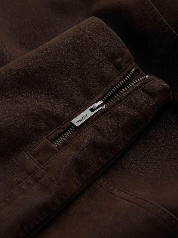 Ombre Clothing Мъжко стилно яке от еко кожа със стойче - тъмнокафяво V1 C637 Ombre Clothing
