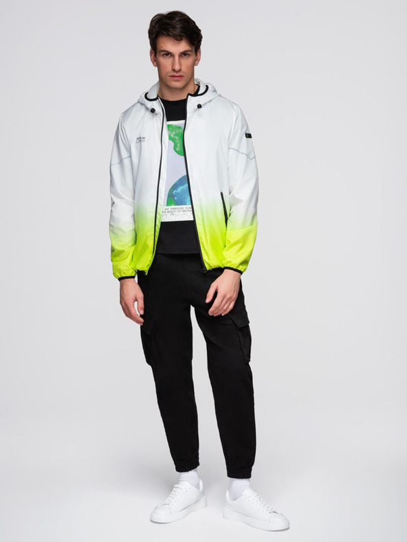 Ombre Clothing Мъжко спортно яке с омбре ефект и рефлективни елементи - бяло и лайм V1 C646 Ombre Clothing