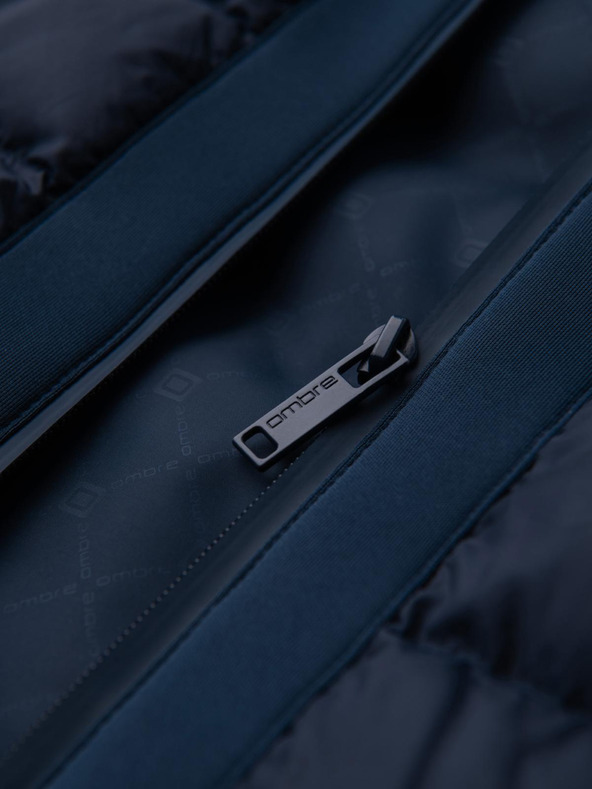 Ombre Clothing Прошивано яке бомбер с качулка и плетени ръкави - тъмно синьо V2 OM-JALP-0298 Ombre Clothing