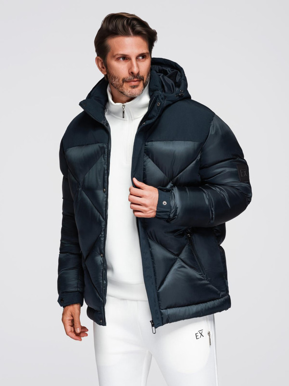 Ombre Clothing Мъжко яке с качулка и геометрично диамантно прошиване - тъмно синьо V2 OM-JAHP-0237 Ombre Clothing