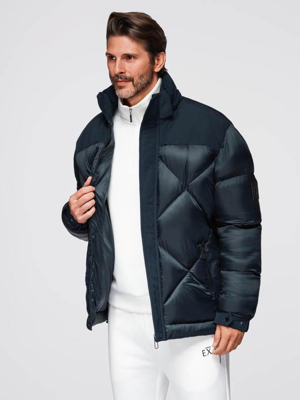 Ombre Clothing Мъжко яке с качулка и геометрично диамантно прошиване - тъмно синьо V2 OM-JAHP-0237 Ombre Clothing