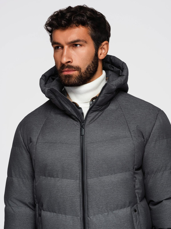 Ombre Clothing Мъжко дълго прошивано яке с качулка - сиво V2 OM-JALJ-0264 Ombre Clothing