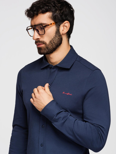 Ombre Clothing Мъжка памучна риза REGULAR с контрастна бродерия - тъмно синьо V2 K697 Ombre Clothing