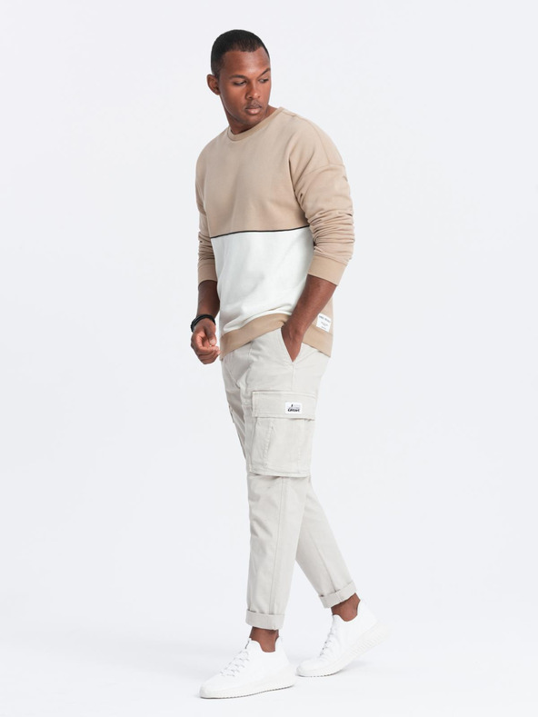 Ombre Clothing Мъжки суитшърт OVERSIZE с контрастно цветно преплитане - бежов V2 B1673 Ombre Clothing