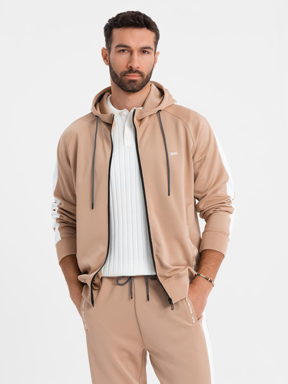 Ombre Clothing Мъжки суитшърт с качулка и цип + панталони джогър - бежов V4 Z118 Ombre Clothing
