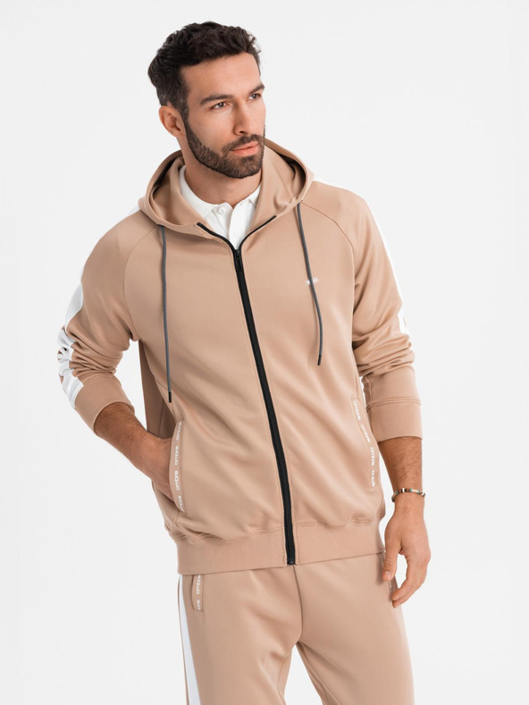 Ombre Clothing Мъжки суитшърт с качулка и цип + панталони джогър - бежов V4 Z118 Ombre Clothing