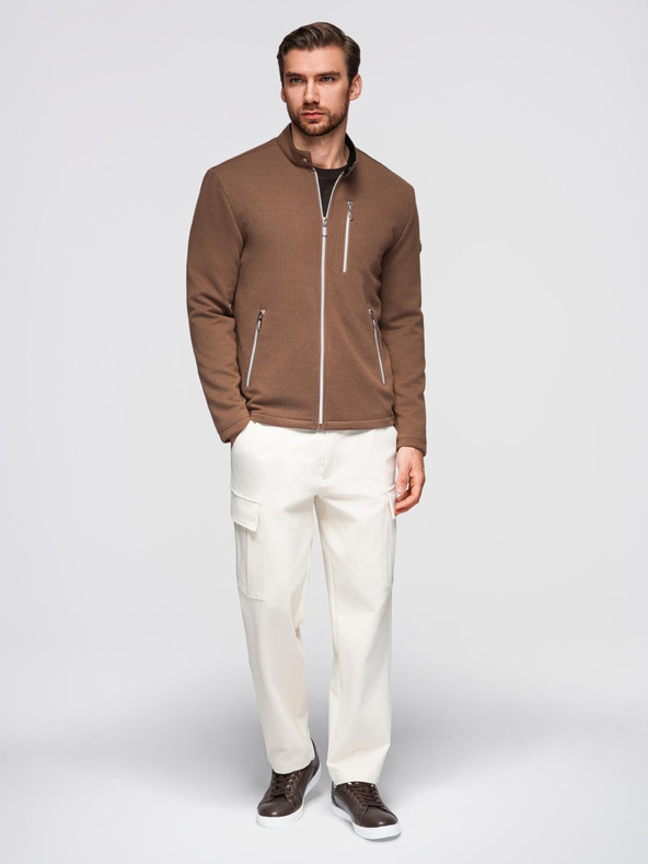 Ombre Clothing Мъжко структурирано мотоциклетно яке със стойче - кафяво V2 OM-JANP-0229 Ombre Clothing