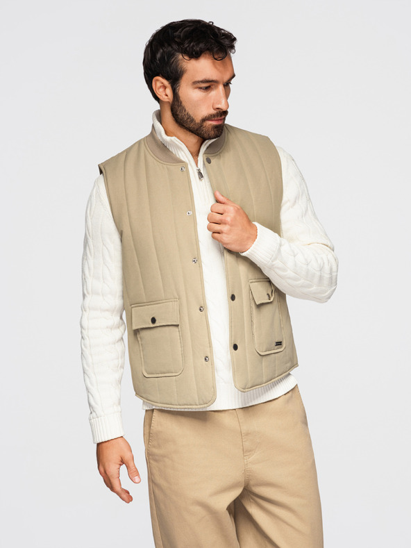 Ombre Clothing Мъжка светла елек без ръкави със вертикално прошиване - бежов V2 OM-JAVJ-0323 Ombre Clothing